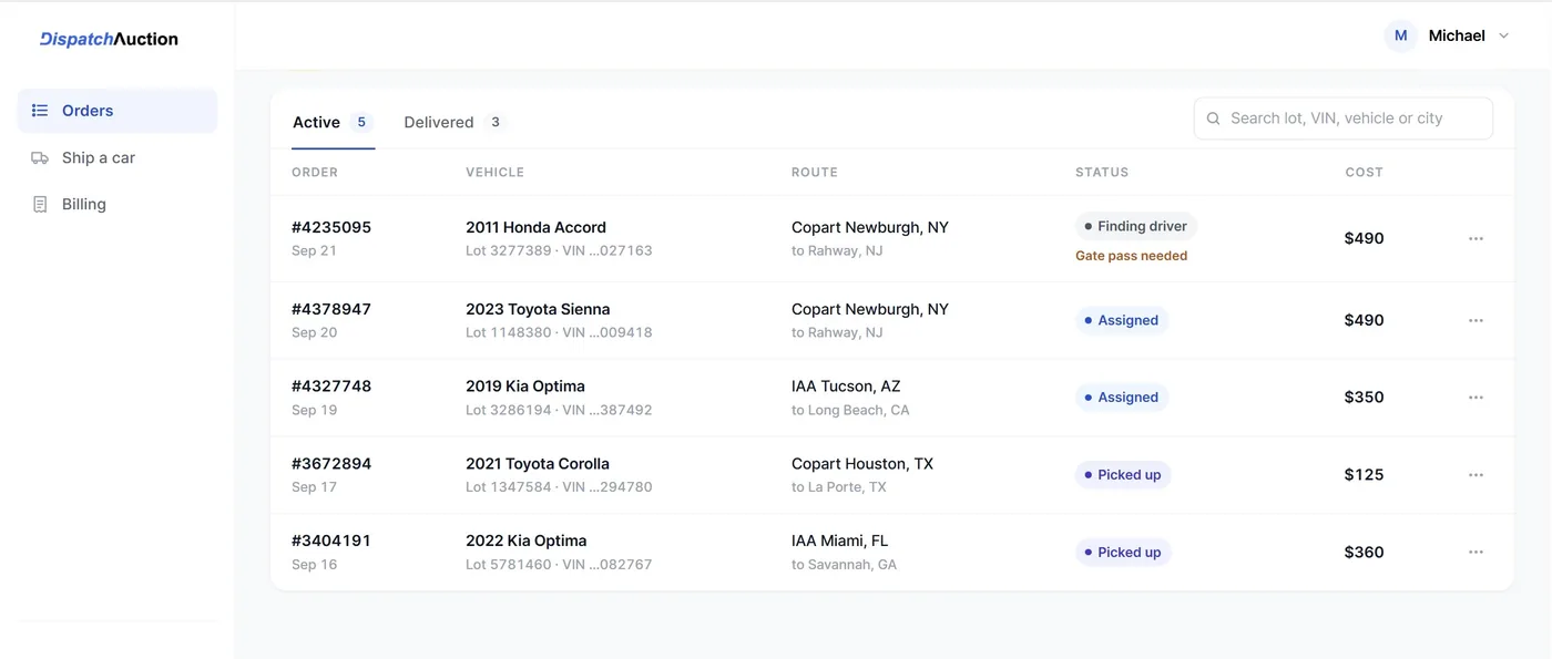 The DispatchAuction Orders dashboard showing active orders from Copart Newburgh, IAA Tucson, Copart Houston and IAA Miami with their live statuses